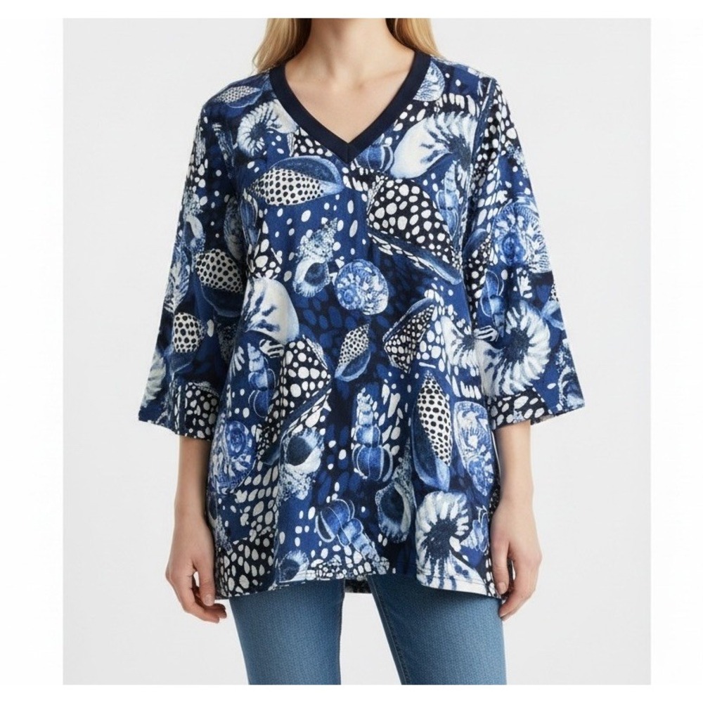 Chicos Travelers Blue Seashell Print Top 2P 12P-14P 3/4 Sleeve Stretch Travel